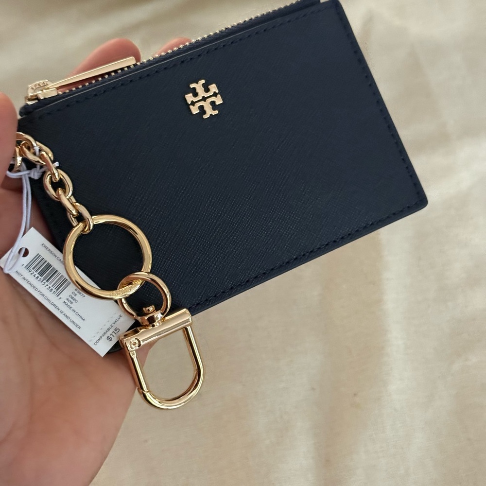 NWT Tory Burch Emerson keychain cardholder in navy blue with gold hardware